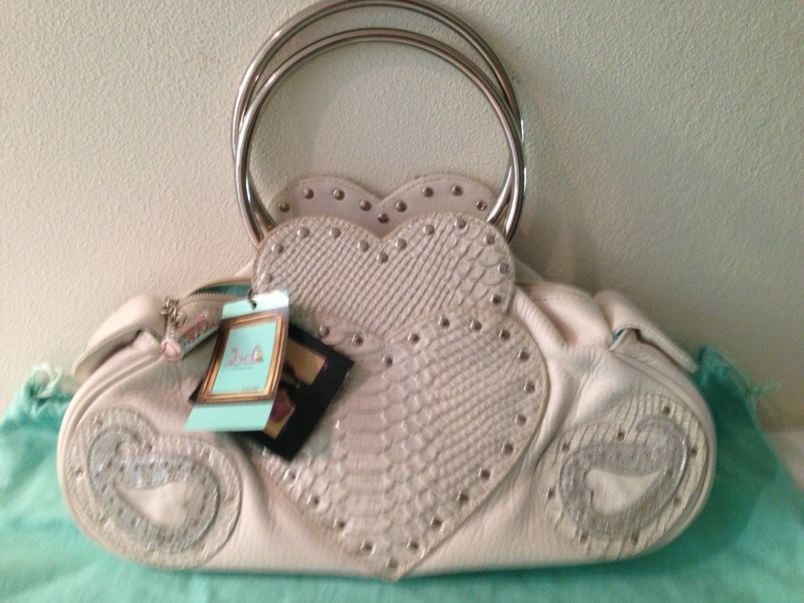 MINT! BD White & Silver Genuine & Exotic Leathers Heart Satchel Purse w/Dust Bag