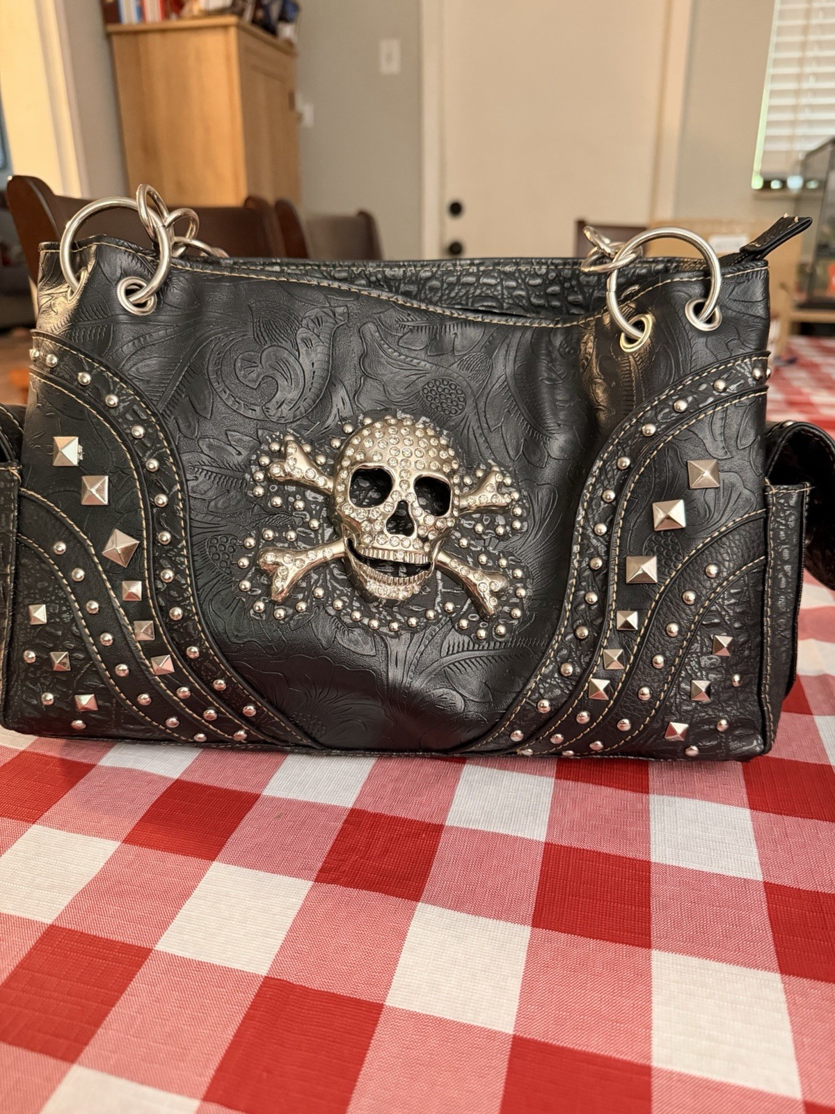 Concealed Carry Rhinestone Skull Purse, Black Leather, And Metal Hardware