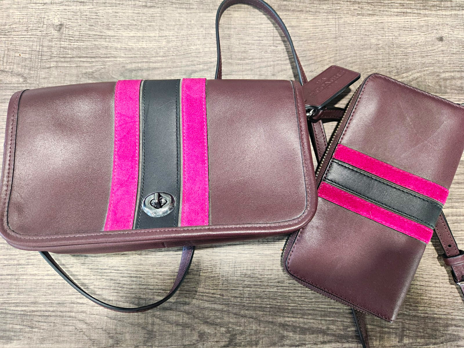 Coach Burgundy Pink/Black Stripe Crossbody Zip And matching Wallet Legacy 75th