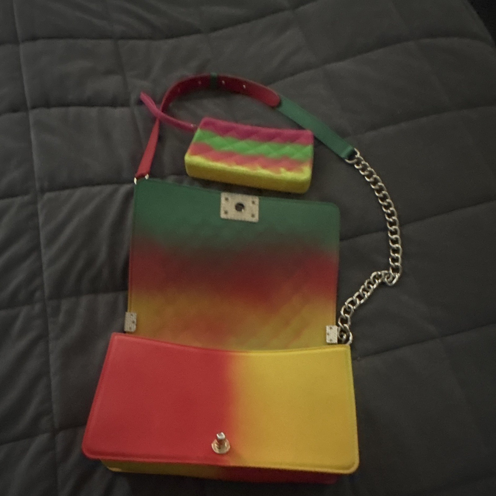 Rainbow Multicolor Quilted Shoulder Bag w/ Chain Strap Turn Lock & Coin Purse