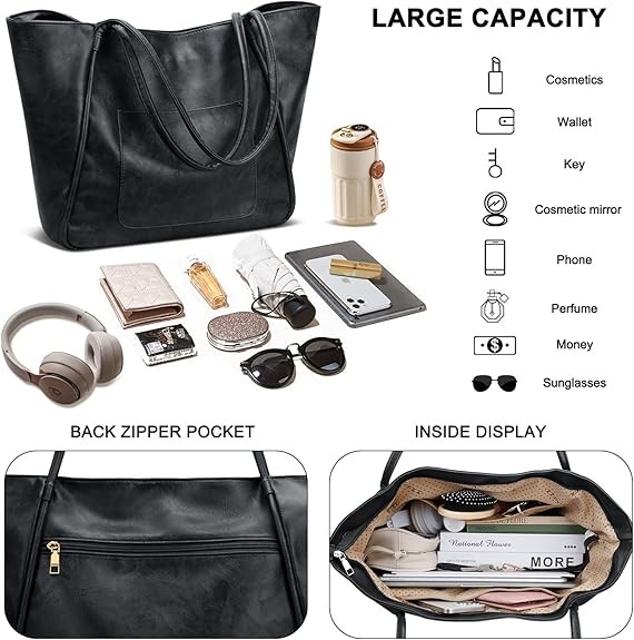 Large Leather Tote Bag for Women – Zipper Travel Purse – Black
