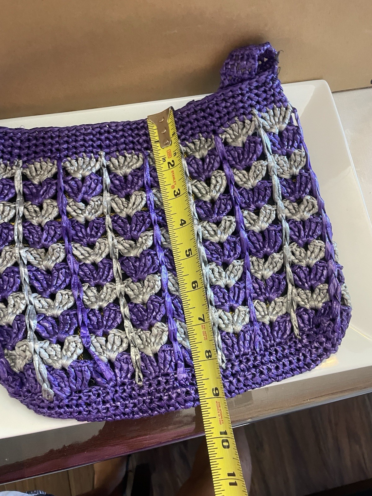 Handmade Purple & Gray Plaid Crochet Shoulder Bag Lined Black Fabric Casual