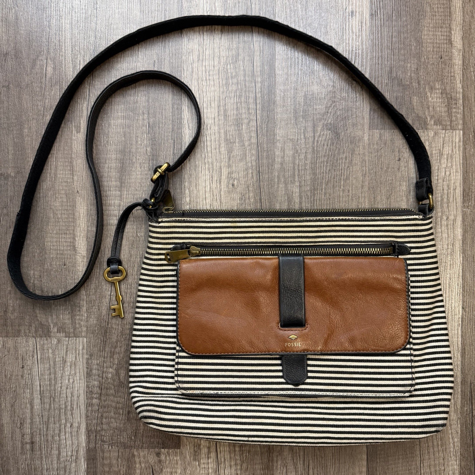 Fossil Striped Fabric & Leather Crossbody Bag Brown Black Key Charm