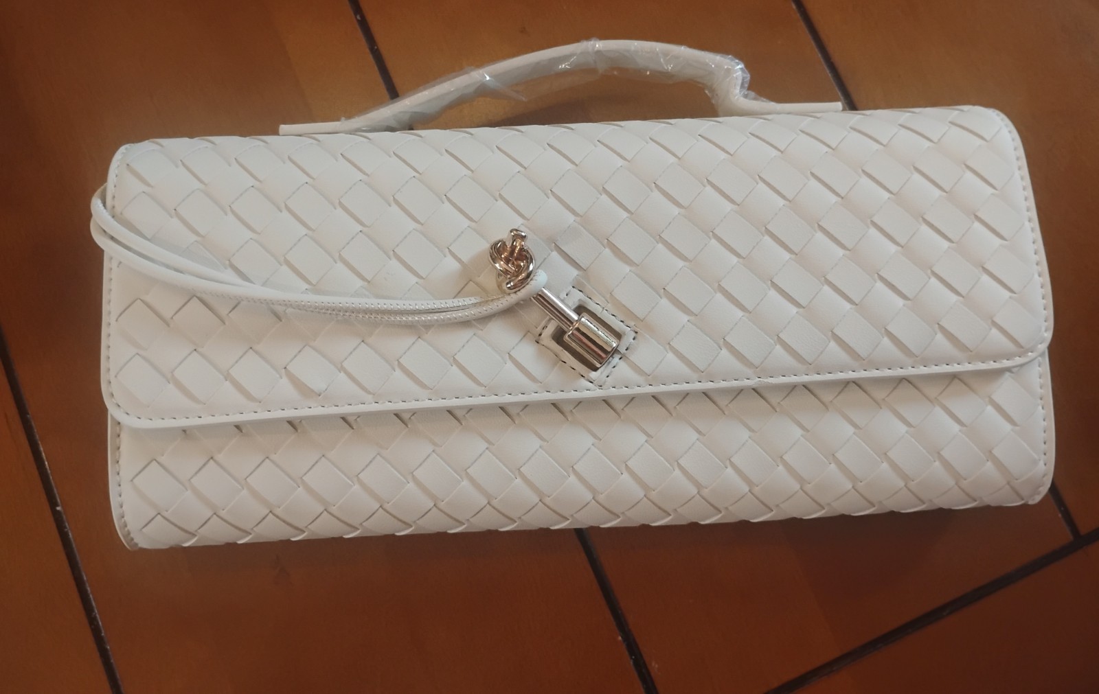 New Moda East West Woven Clutch w/Crossbody Strap + Handle Cream Vegan Leather