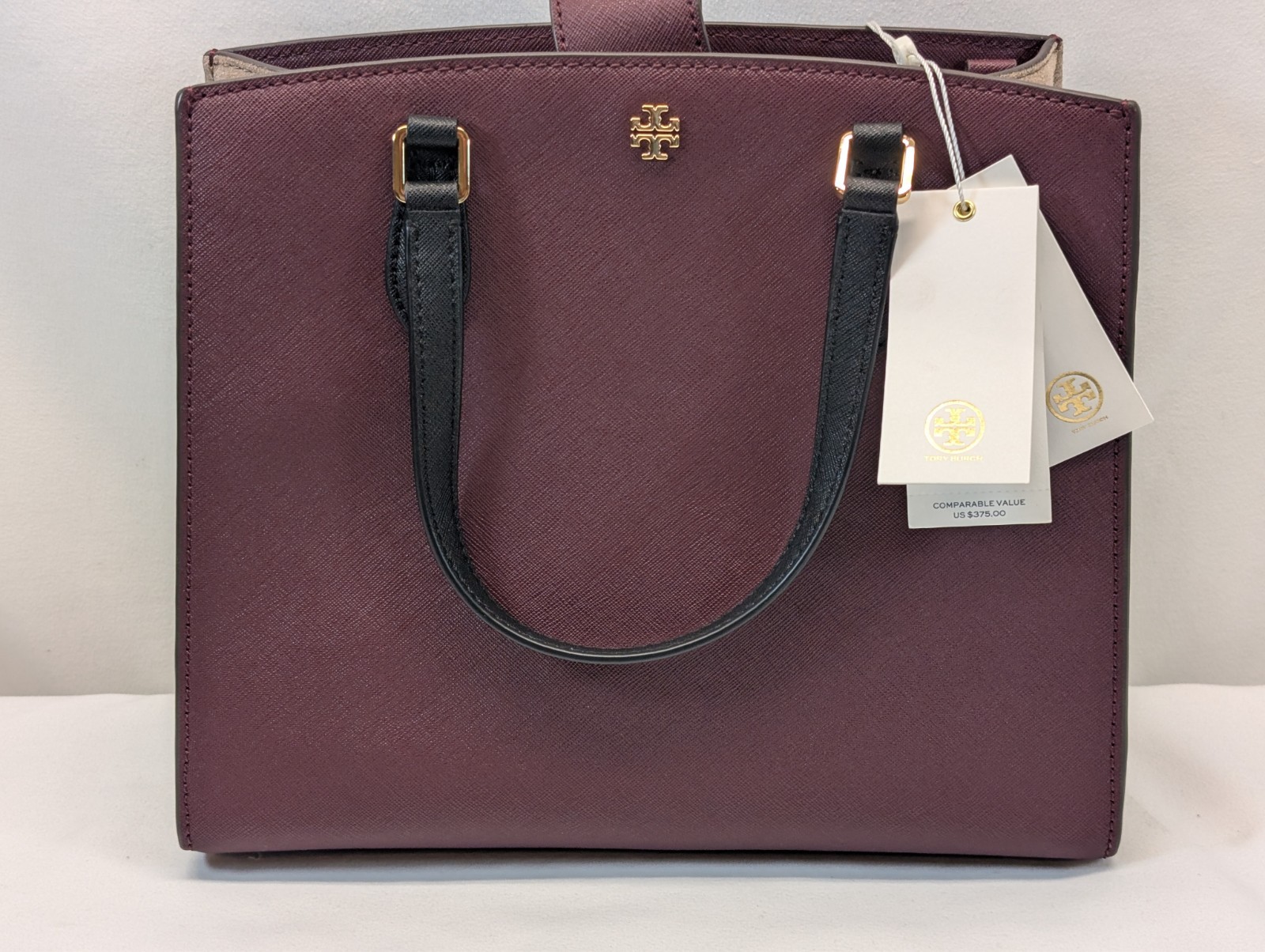 Tory Burch Emerson 84742 Claret Black Saffiano Satchel Bag NWT