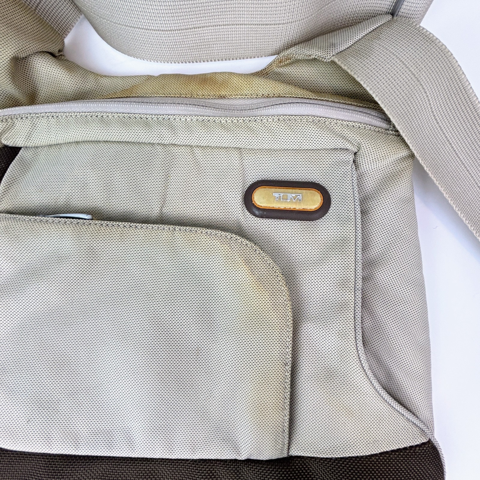 Tumi T Tech Flow Flap Crossbody Bag Nylon Beige Travel Handbag Messenger Purse
