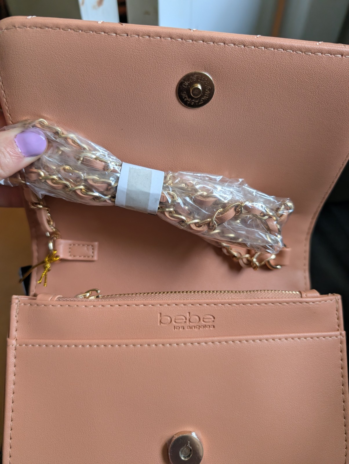 Bebe Sophia Nude Quilted Crossbody Gold Chain Bag Chic Small