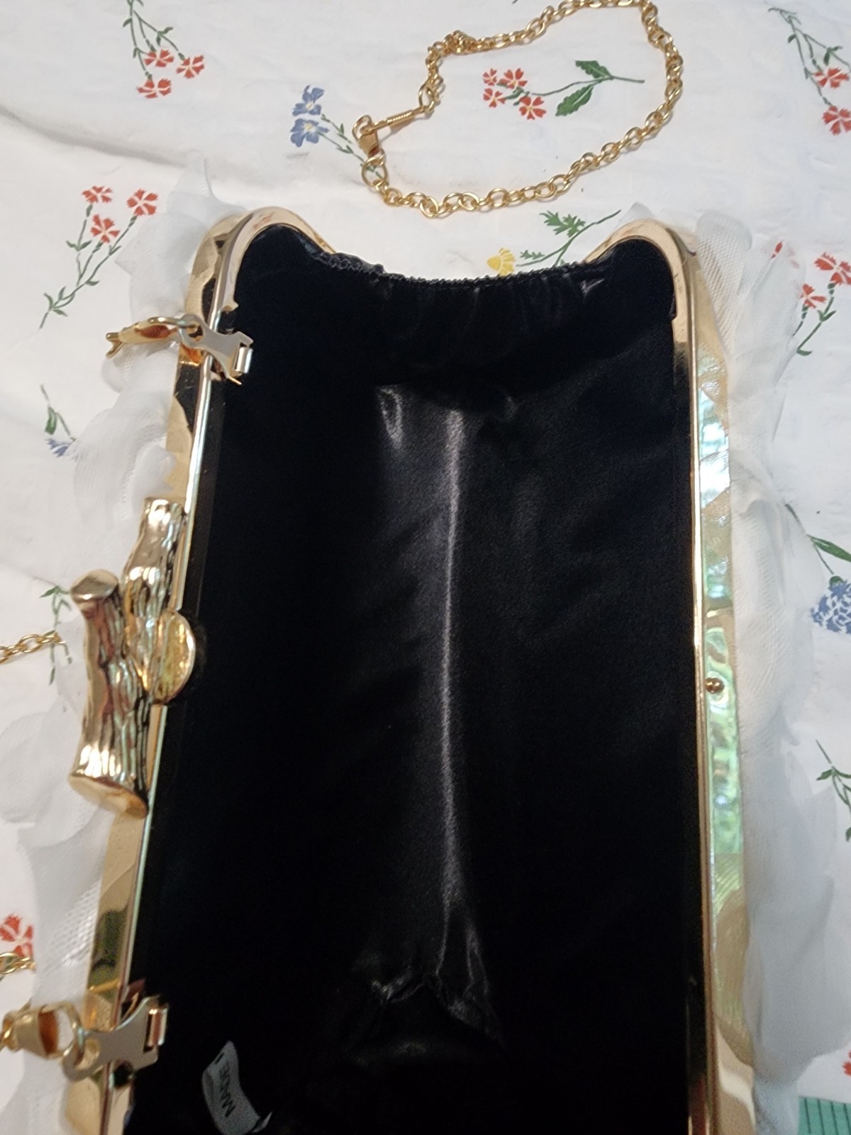 White Floral Bridal Clutch Gold plated Shoulder and Wrist Strap