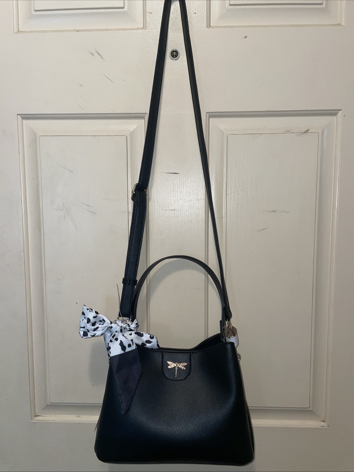 Calista Black Vegan Leather Satchel With Ribbon And Gold Dragonfly Accent NWT