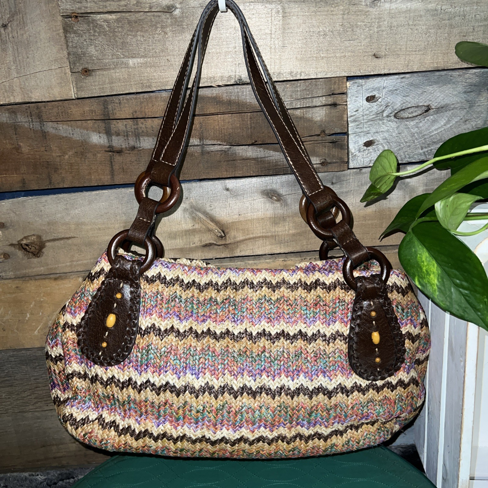 Vintage Fossil Multi Zig Zag Straw Woven Shoulder Hobo Bag Boho Multicolor Y2K