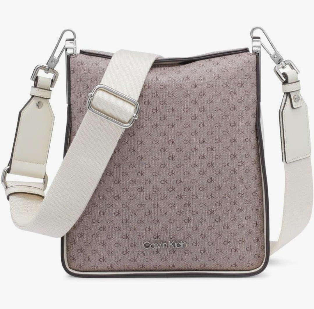 Calvin Klein CK Monogram Small Crossbody Bag Zip Adjustable Strap Beige/White
