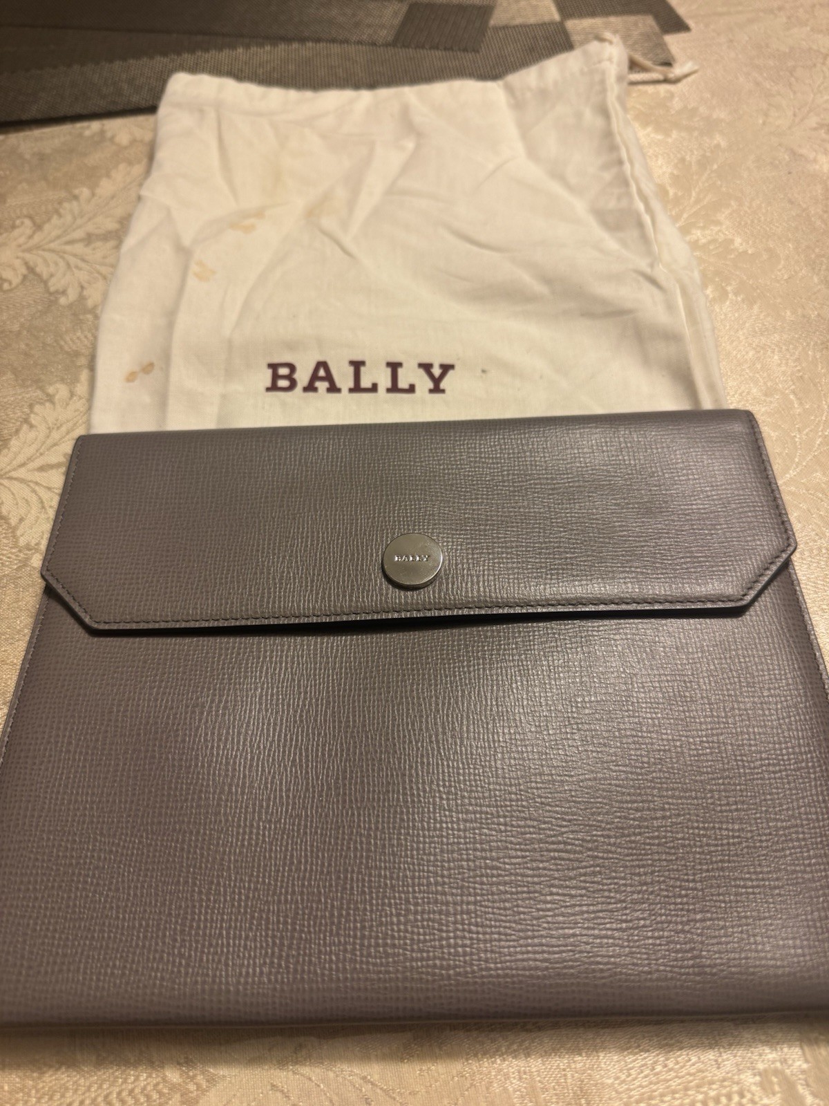 Auth BALLY Gray Leather Slim Document Holder Envelope Clutch Wallet + COA