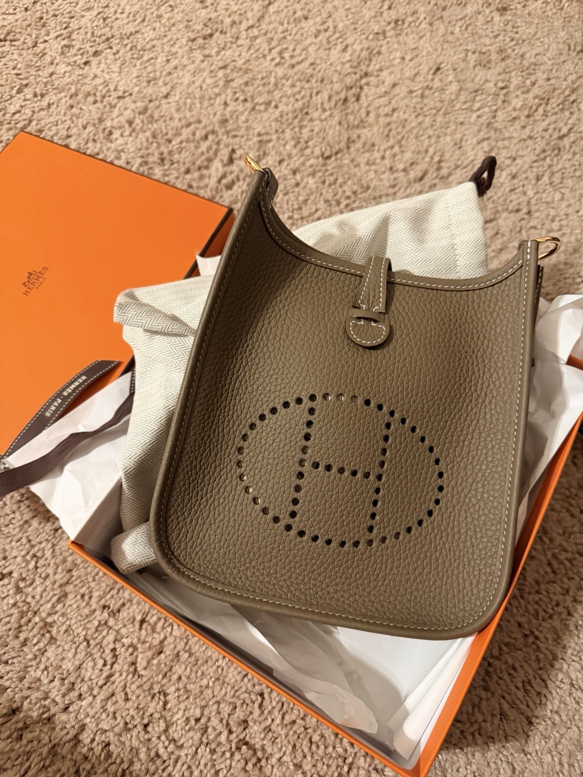 Hermès Evelyne TPM Mini Taupe Crossbody Bag Navy Strap Dust Bag Box