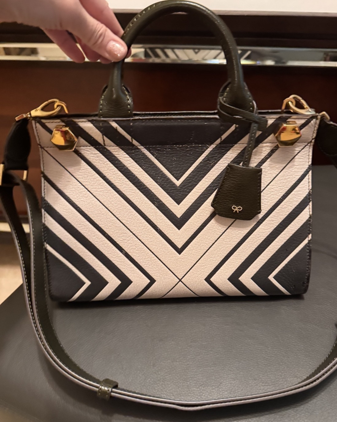 Anya Hindmarch Leather Ephson Diamonds Shoulder Bag CHALK/DARK OLIVE.$2250