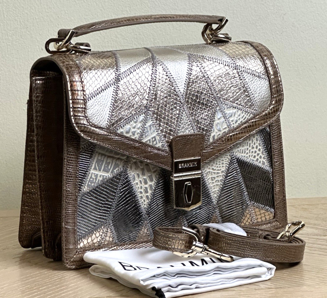 BRAHMIN SMALL HALLIE MULTI SILVER HILL WHITE BRONZE GOLD STAR LEATHER HANDBAG