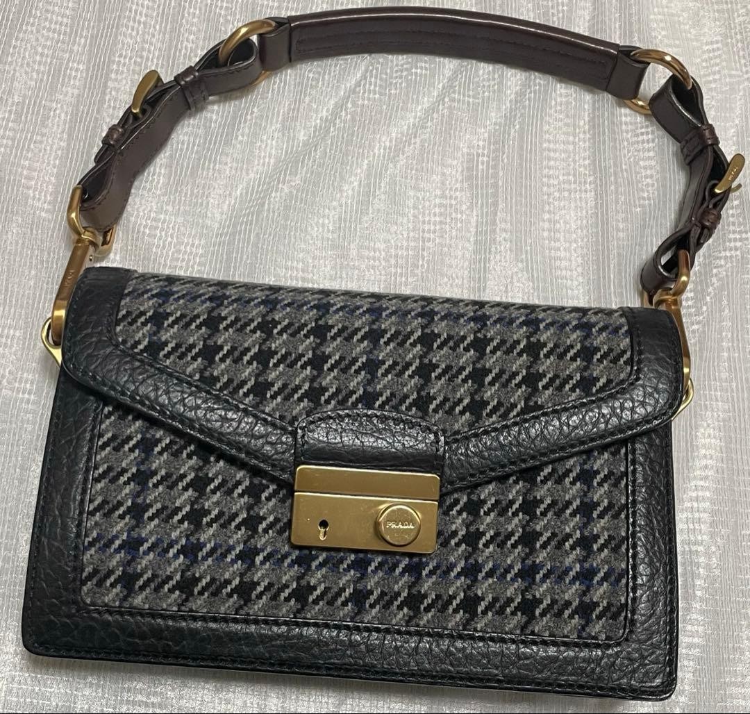 Prada Tweed Leather Handbag Black Houndstooth 9.45 X 5.91 X 2.36