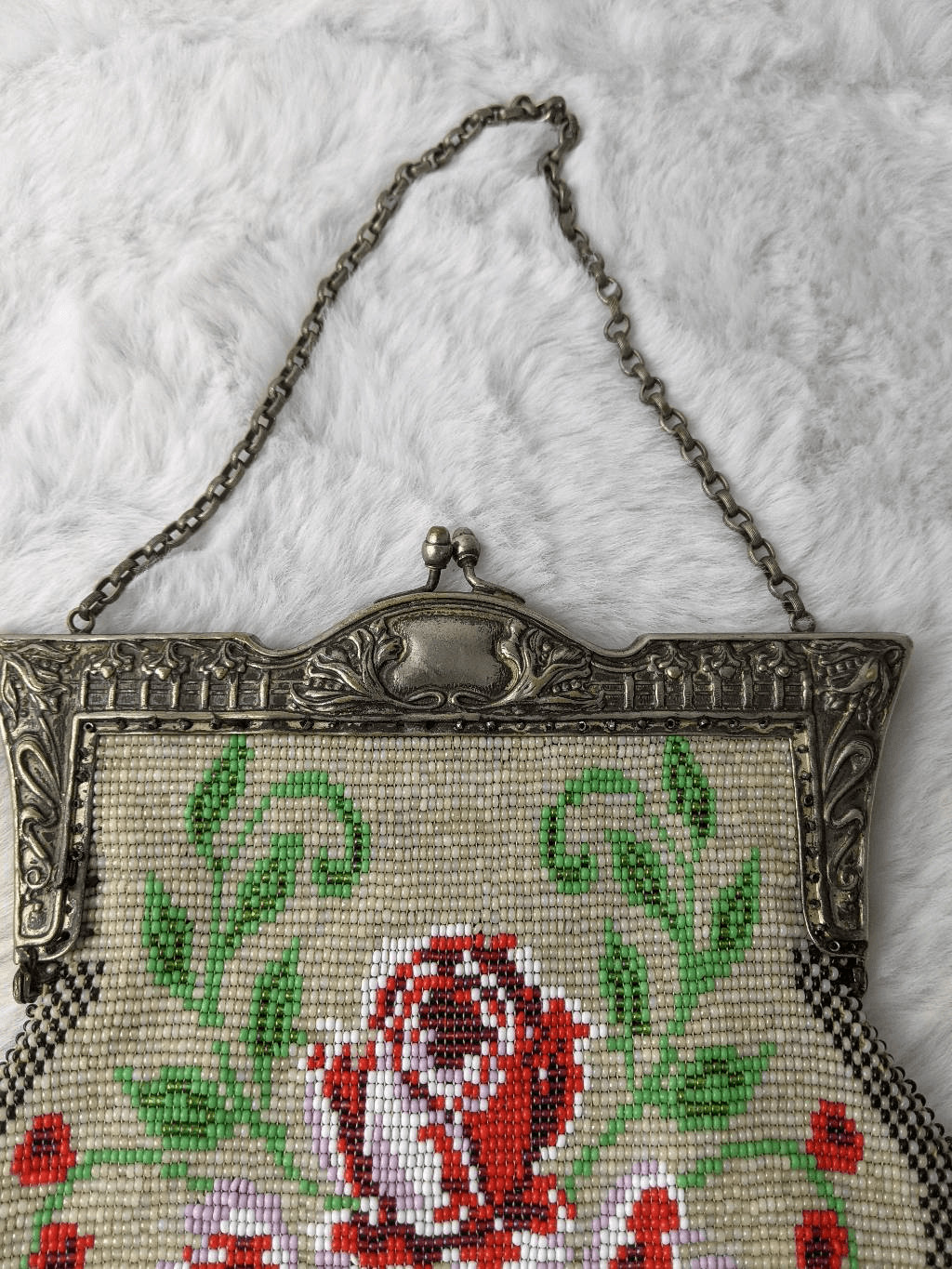 Vintage Mini Purse Sterling Silver Frame Kiss lock Bracket Handle Beaded Floral