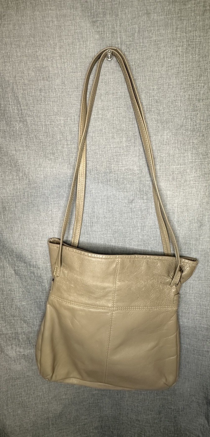 Purse Bag Beige Long Strap Pocket Inside Zippered Snap Button VTG