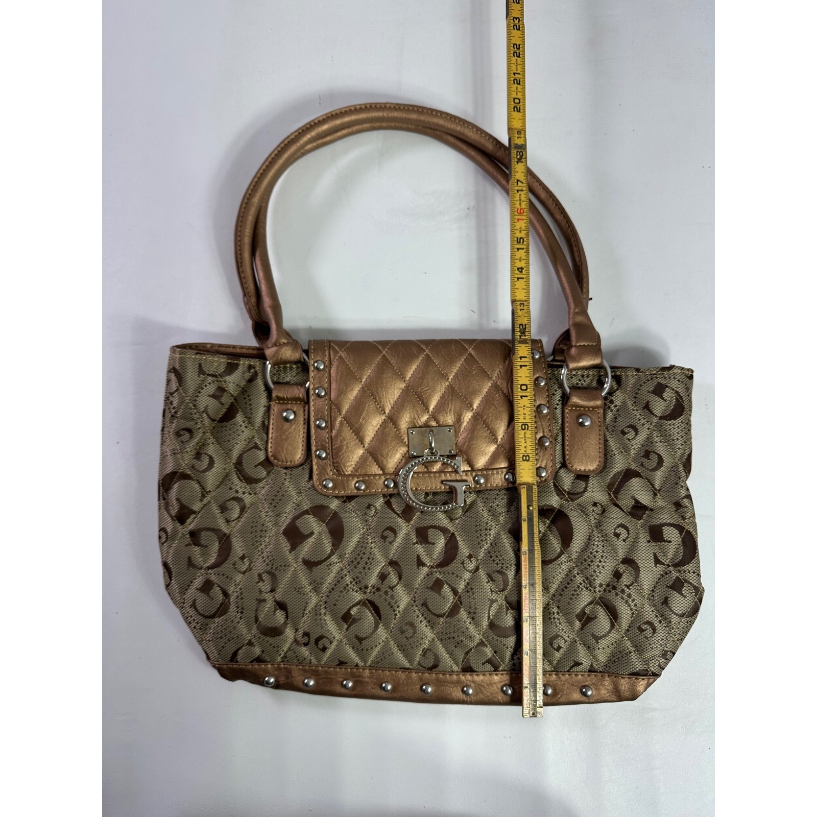 Guess Bronze Monogram Quilted Studded Purse Shoulder Bag Metallic Y2K Glam Logo