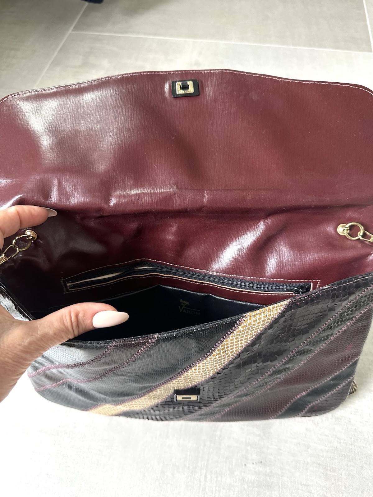 Bags By Varon Vintage Snakeskin Clutch With Chain Strap In Black, Burgundy,Cream