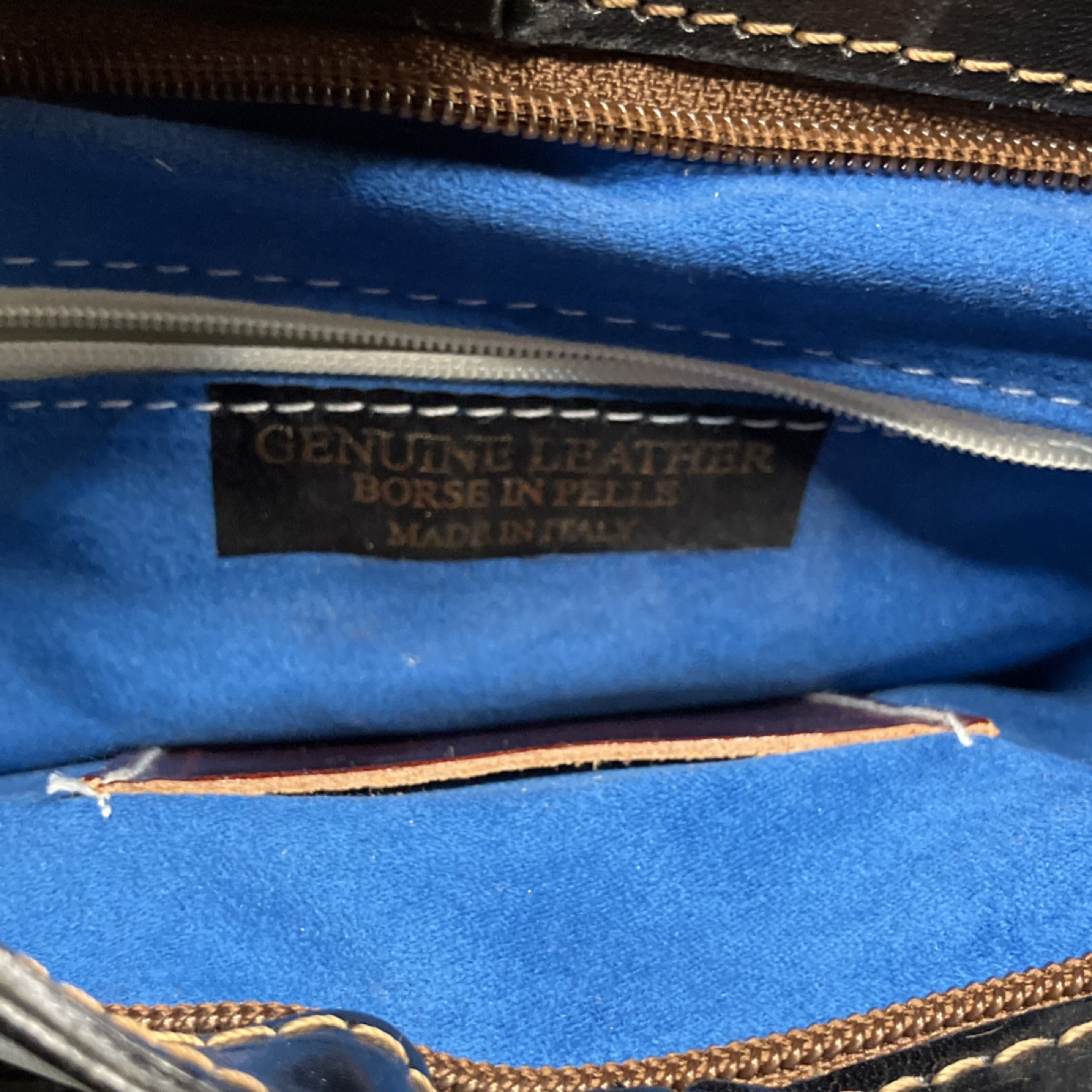 L’Artigiano Black Brown Shoulder Bag Silver Hardware Blue Lining Outer Pockets