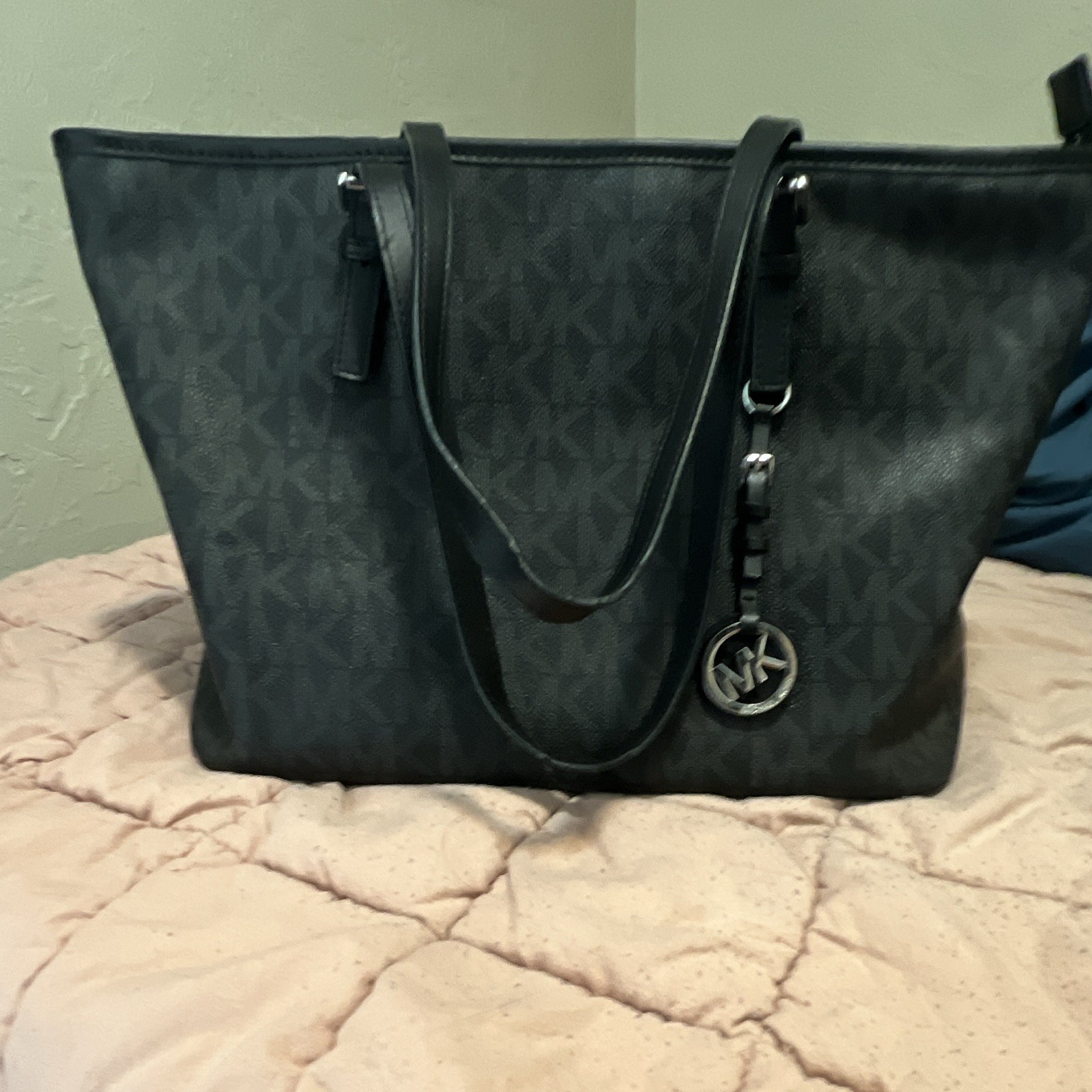 Michael Kors Black Monogram Tote Zip Closure Double Handles, Bag Charm, Silver