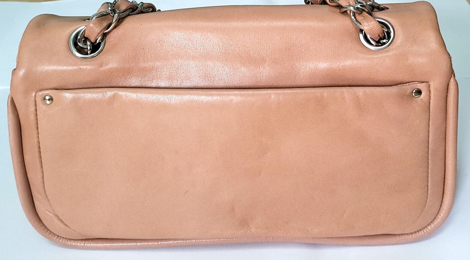 CHANEL Flap Bag Orange Tan Calfskin Chain Strap East West Shoulder NWT Box
