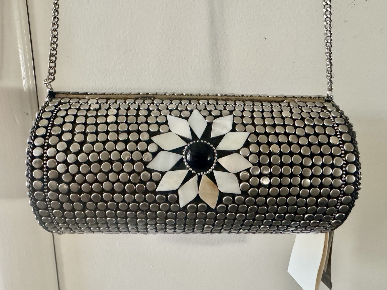 Antik Kraft Mother of Pearl Cylinder Tube Handbag with Metal Chain Mosaic Boho