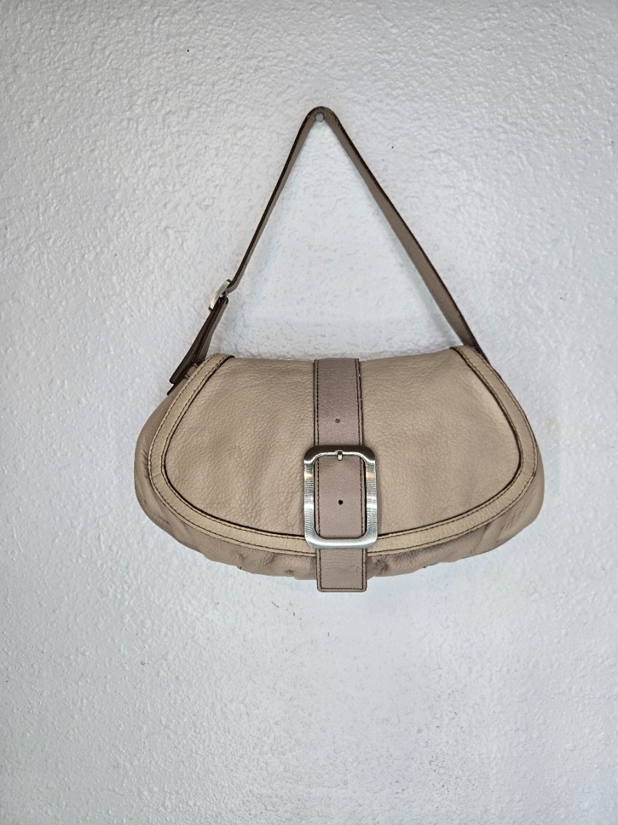Cole Haan Luna Pebble Leather Adustable Shoulder Bag Tan Buckle Flap Boho Career