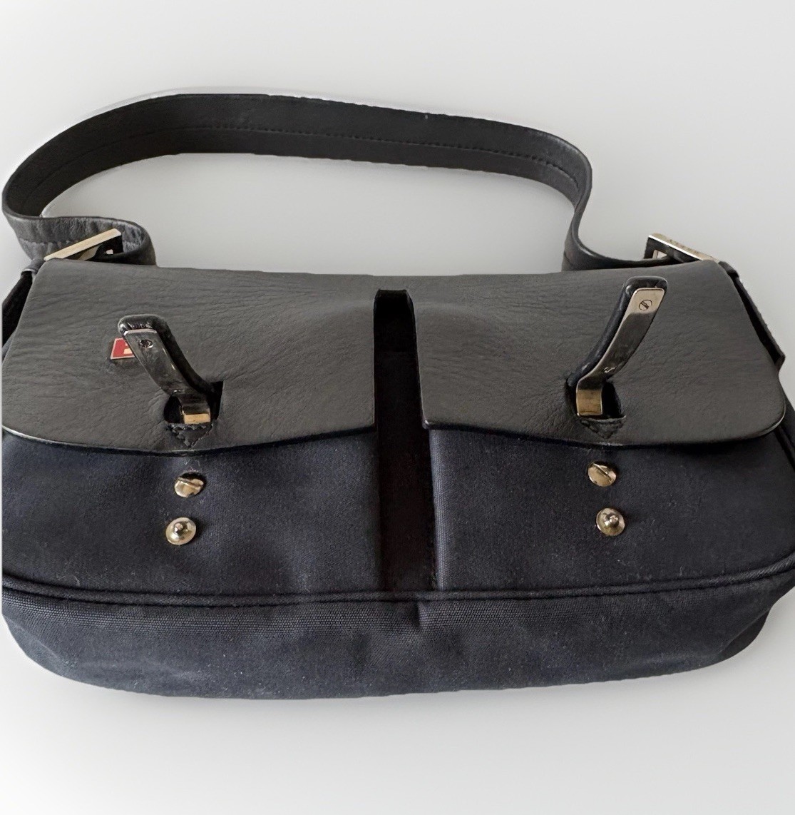 Authentic Bally Handbag Black Navy Leather canvas From Japan 01086