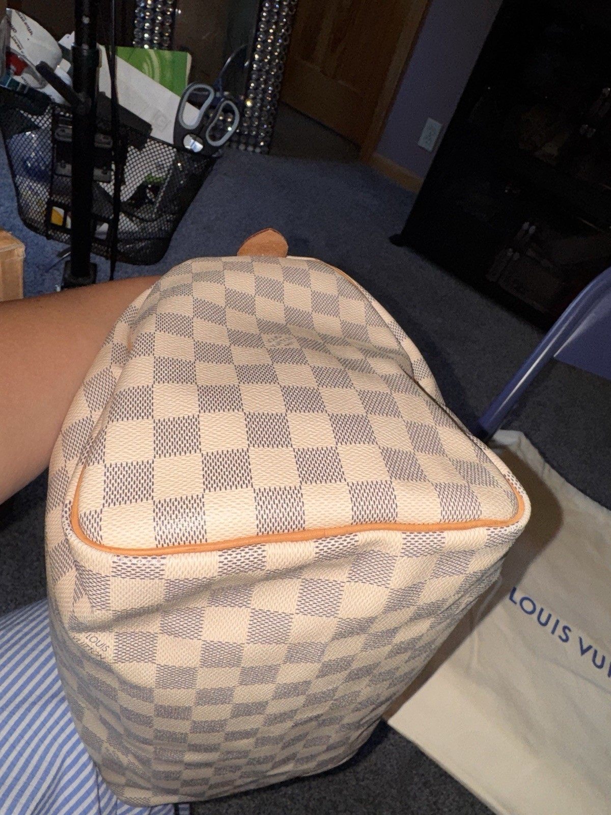 Louis Vuitton Damier Azur Checkered Speedy 30 w/ Lock, Keys, Dust Bag