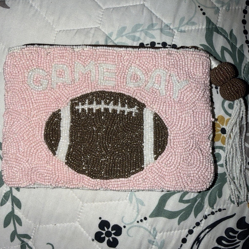 Pink Beaded “GAME DAY” Football Zip Clutch Pouch w/ Tassel, Lined