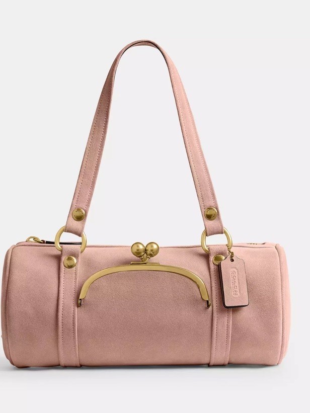 Coach Suede Cylinder Shoulder Bag Brass Hardware Nuage Kiss Lock Designer