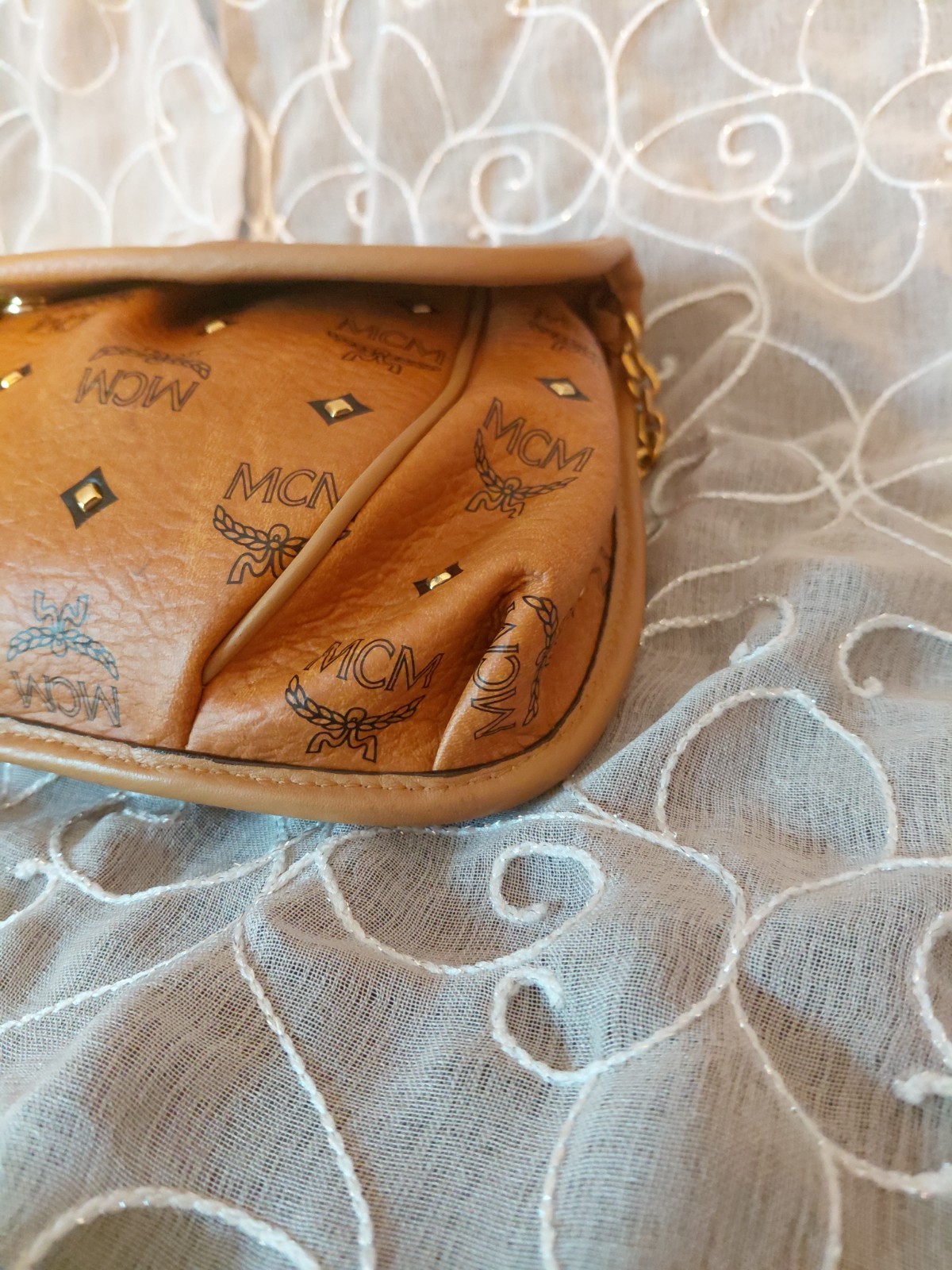 Rare Vintage MCM Visetos Chain Flap Shoulder Bag Purse Cognac
