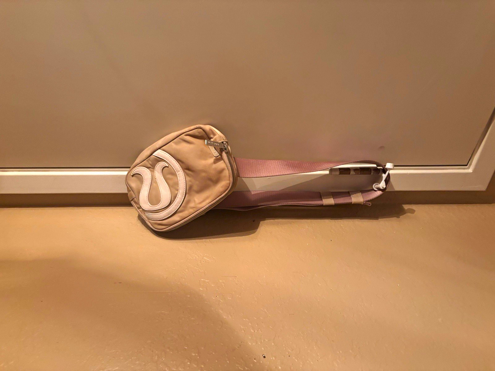 lululemon Beige Crescent Crossbody Bag Purple Strap Silver Hardware Zip Pockets