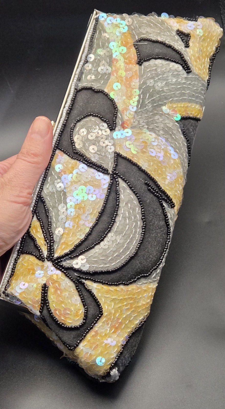 Max Mayer Beaded Sequin Geometric Metallic Clutch Kiss Lock Detachable Strap