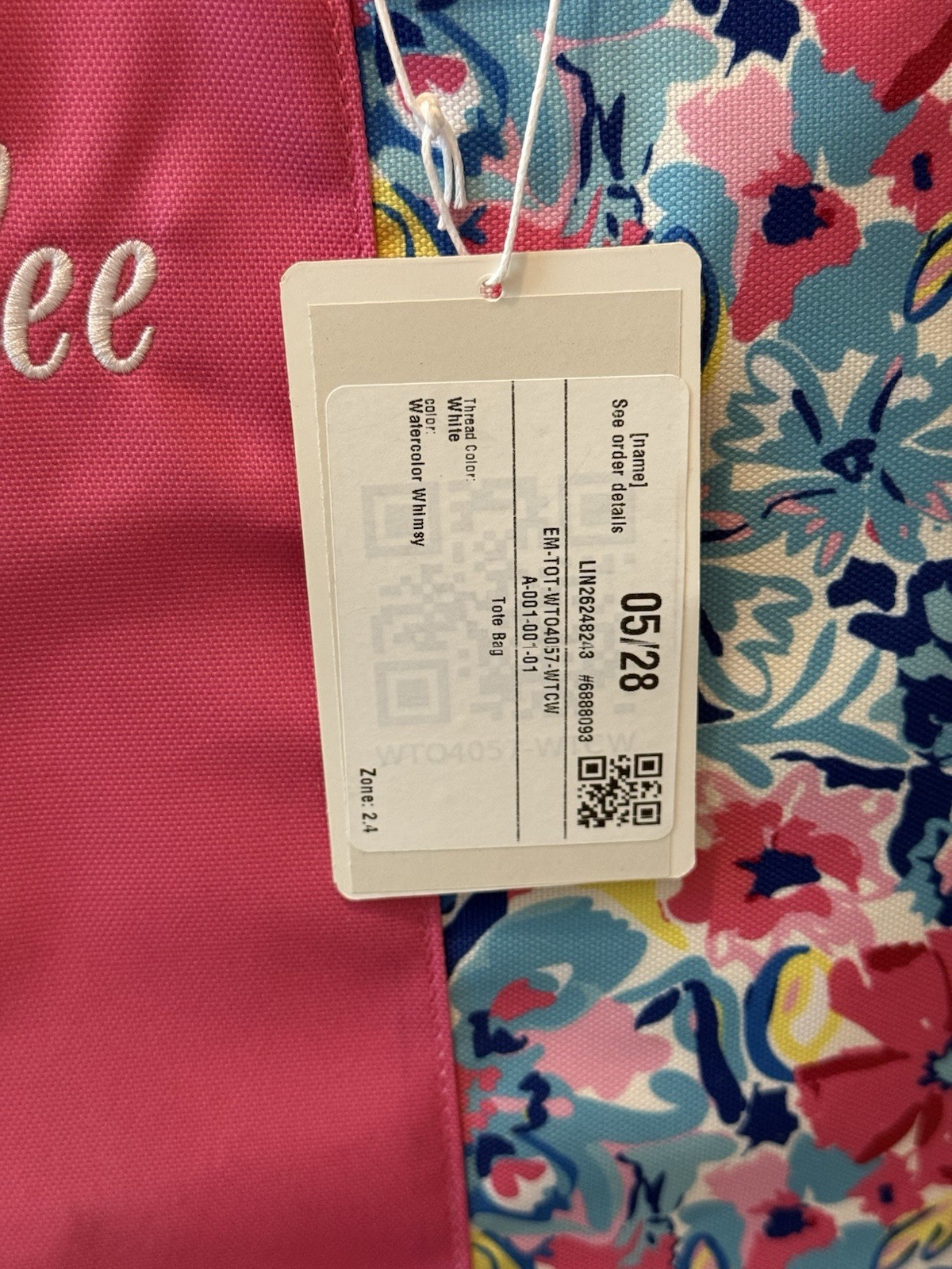 NWT Marleylilly Monogrammed Tote Bag Watercolor Whimsy Pink Floral “Kaylee”