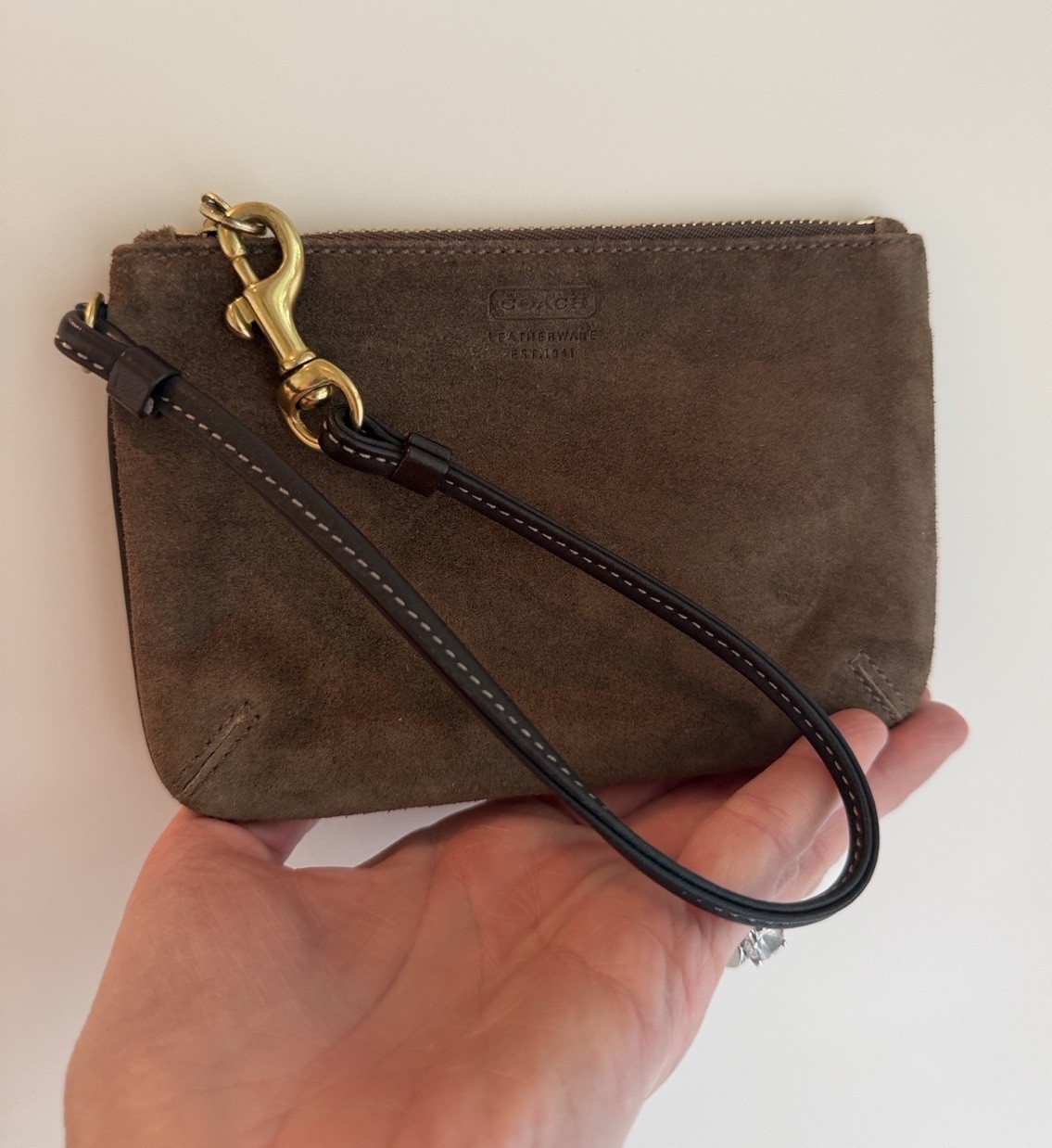 Vintage Coach Wristlet, Suede Brown Zip mini purse w Wrist Strap, Gold Hardware