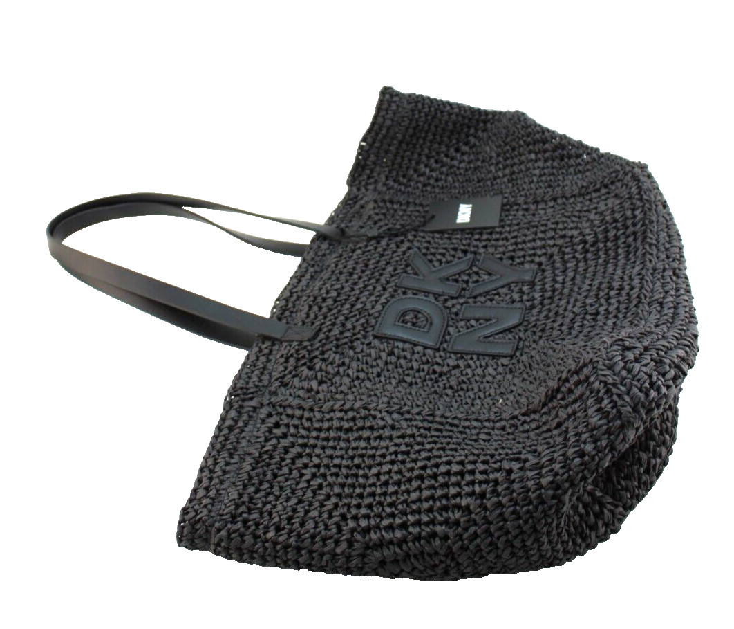 New DKNY Paloma Black Natural Weave with Stitched Logo Large Tote Bag MSRP $148