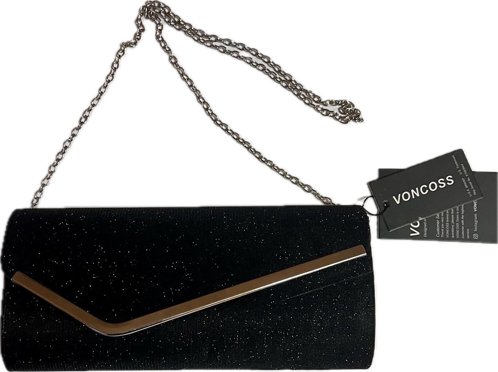 Voncoss Evening Bag Clutch Purse Shimmering Black Snap 23″ Detachable Chain