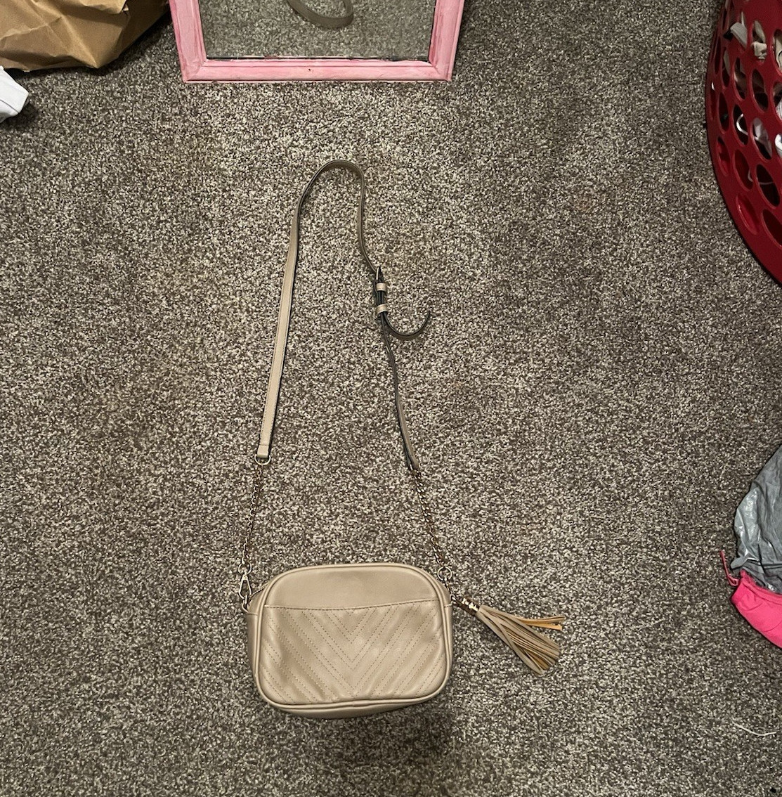 Lola Mae Beige Quilted Crossbody Bag Chain Strap Tassel Zip Detachable