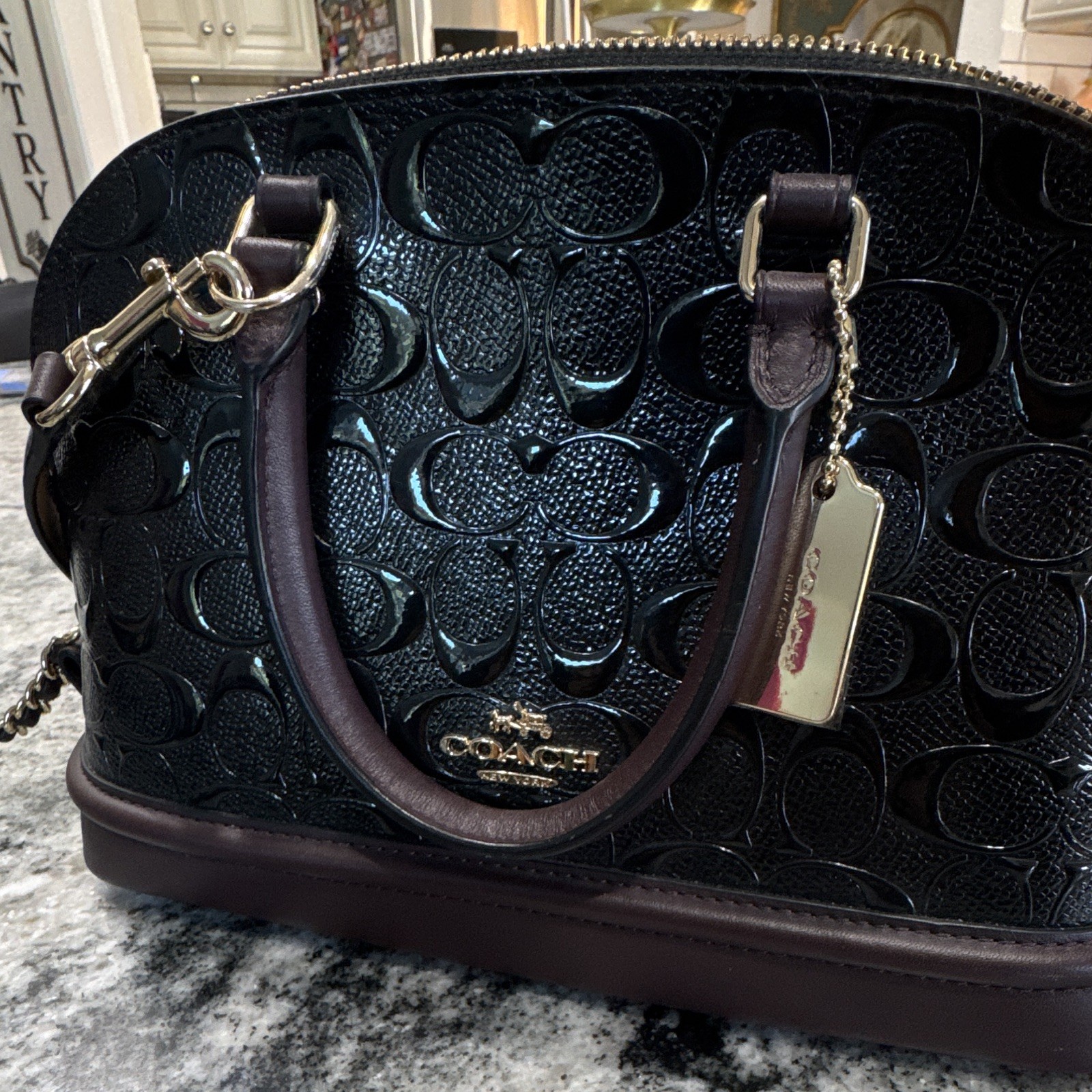 Coach Sierra Mini Sierra Satchel Black Patent Logo Dome Zip Strap Hangtag