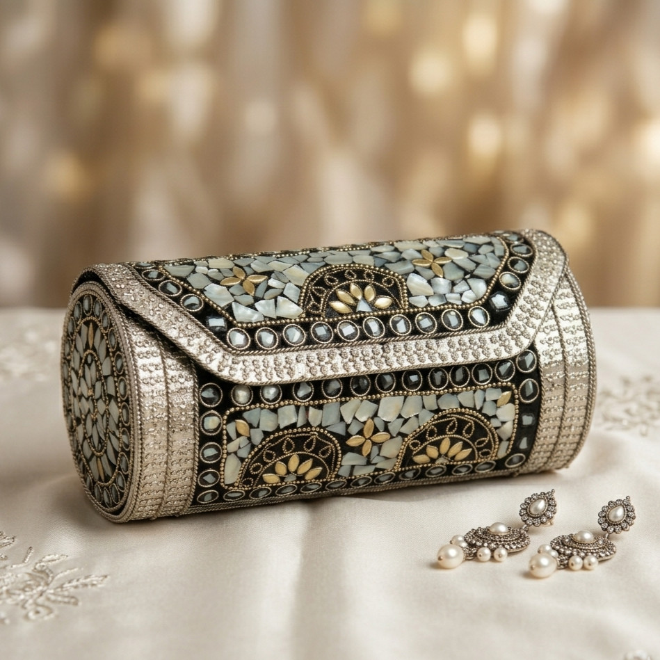 Handcrafted Antique Metal Mosaic Evening Clutch Purse Crossbody Wedding Bag