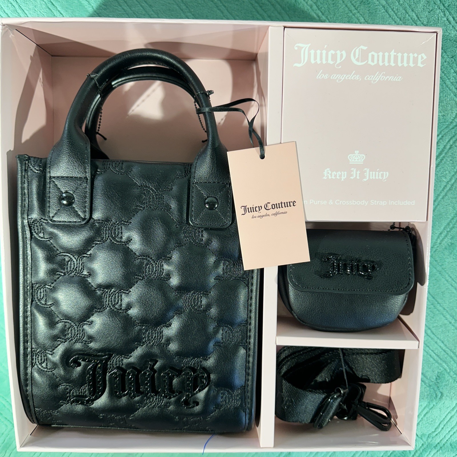 Juicy Couture Taking The Lead 3 Piece Set – black Tote, strap & Coin Purse InBox