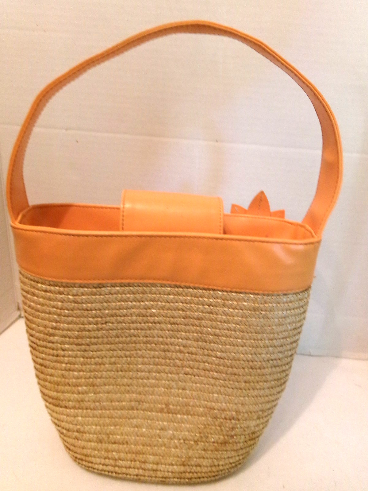 Bath and Body Works Straw Handbag Purse w/Orange Faux Leather Band and Flower