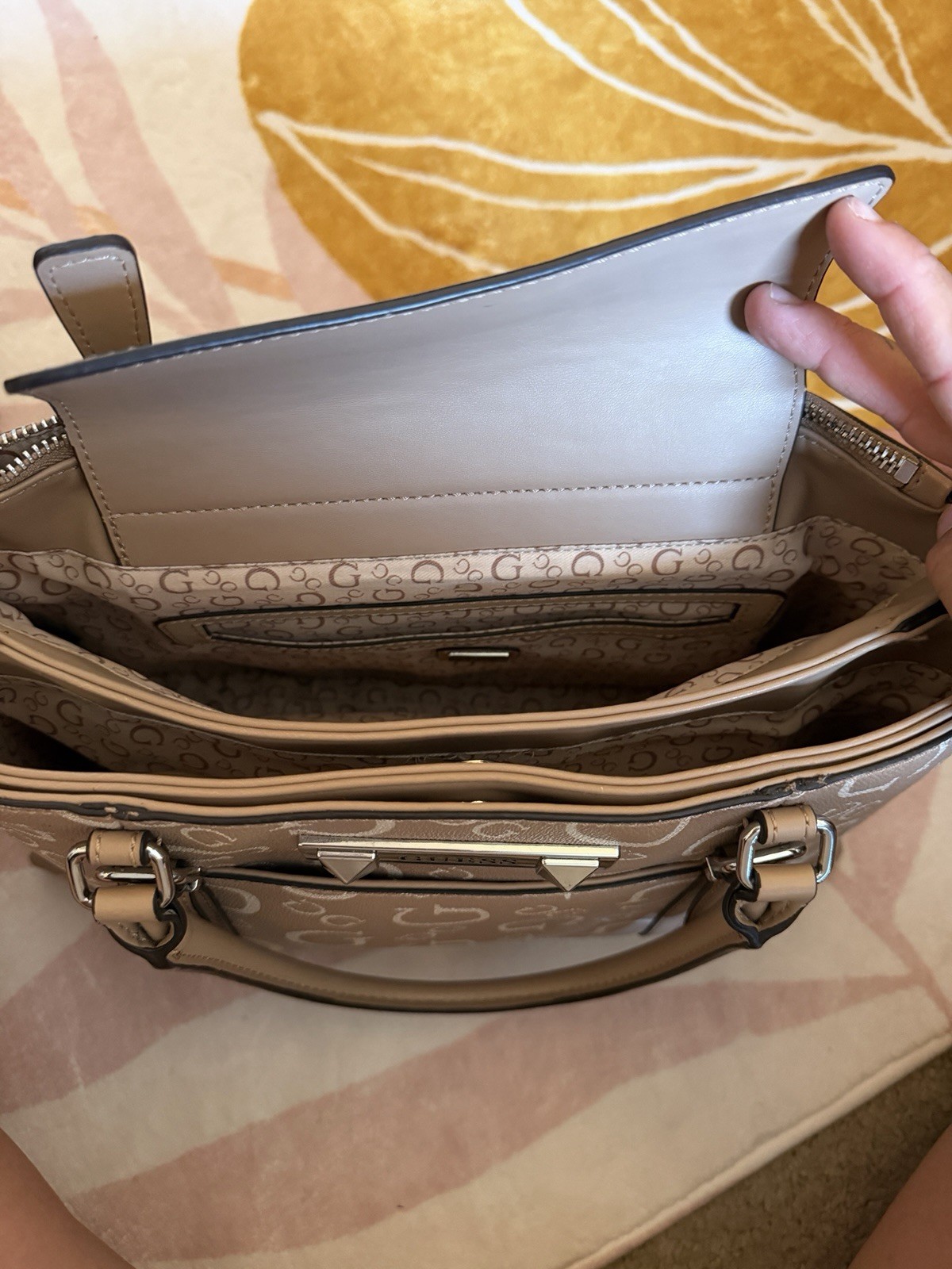 GUESS Taupe Logo Monogram Satchel Top Handle Bag, Detachable Strap, Medium