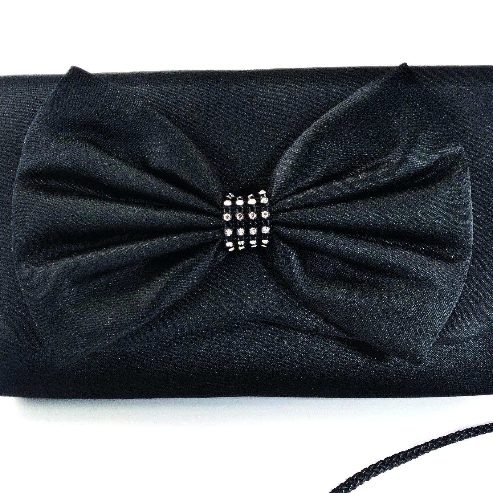 Womens Black Tie and Rhinestone Evening Bag Cord Strap Front Flap Snap Purse