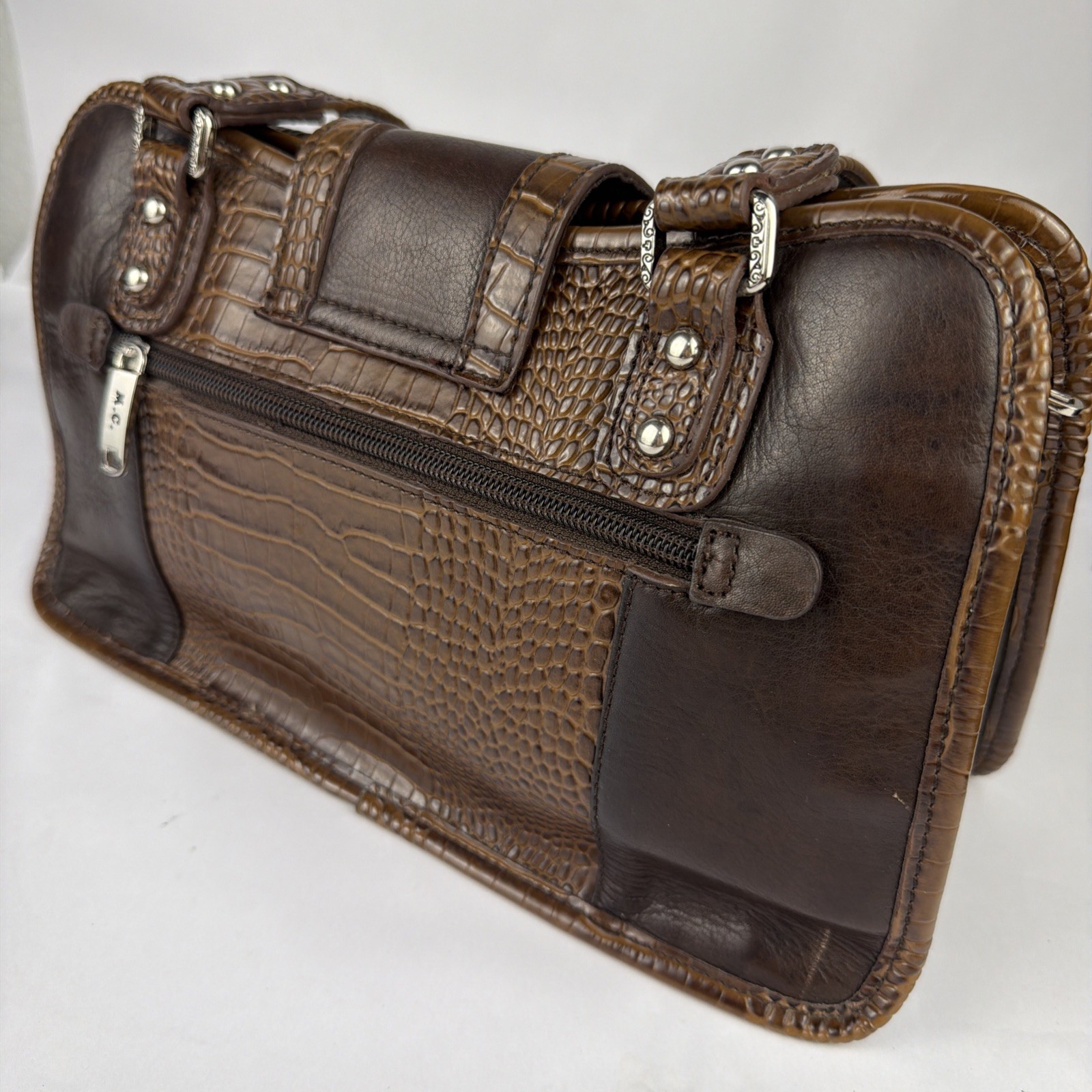 Marc Chantal (M.C.) Croc-Embossed Brown Leather Shoulder Bag 11.5x7x5.25in
