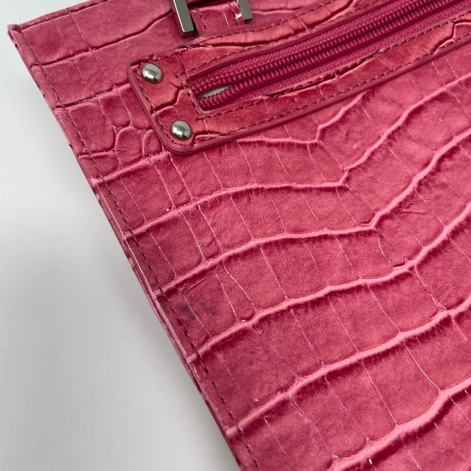 Bisou Bisou Pink Croc Embossed Patent Faux Leather Shoulder Bag Y2K B Logo Charm
