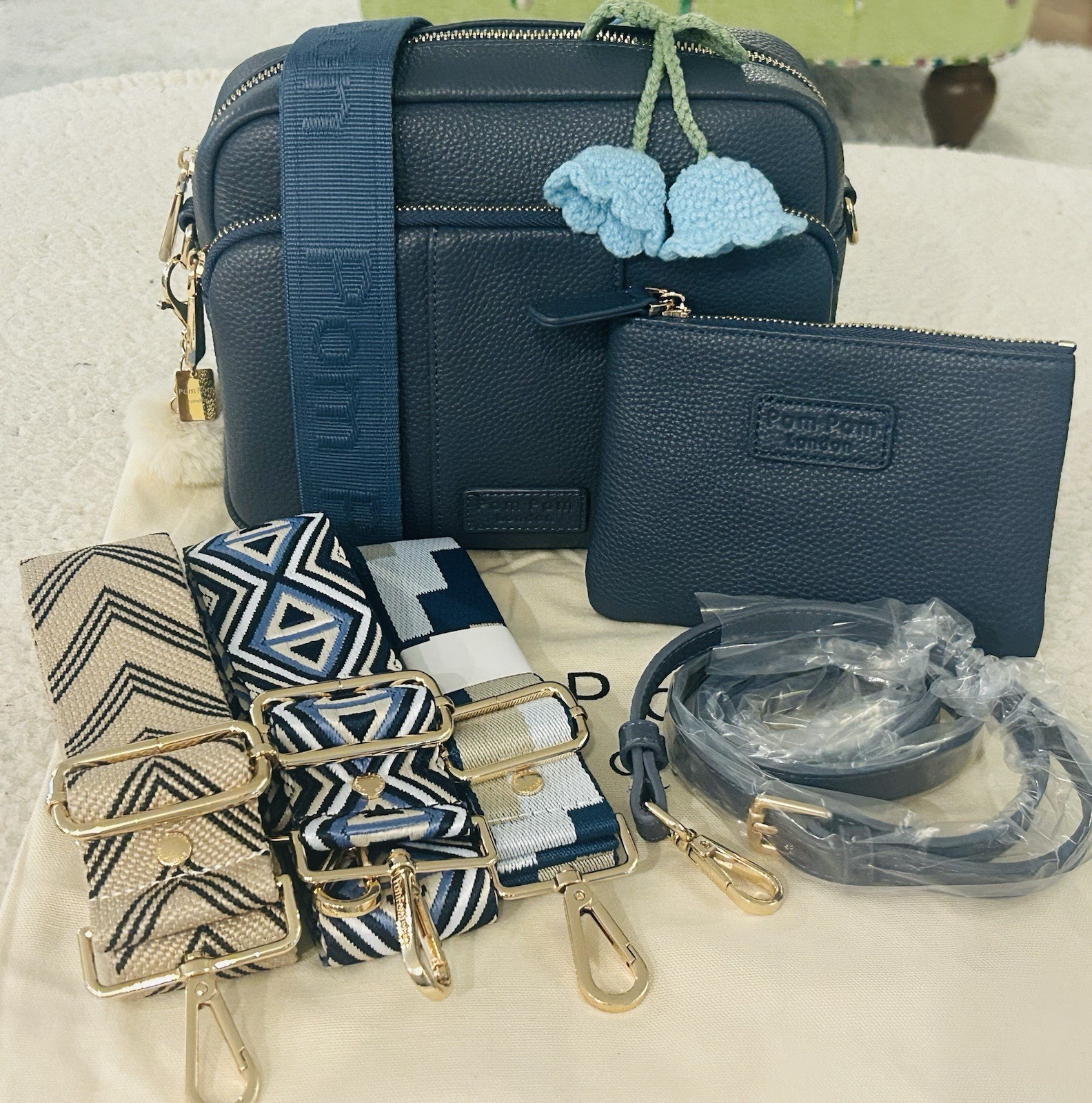 Pom Pom London SLATE BLUE Original Plus Bundle w/5 straps, 2 charms, Coin Purse